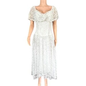 Vintage 1980s White Lace Drop Waist Dress Union Made Wedding Gown Size Medium